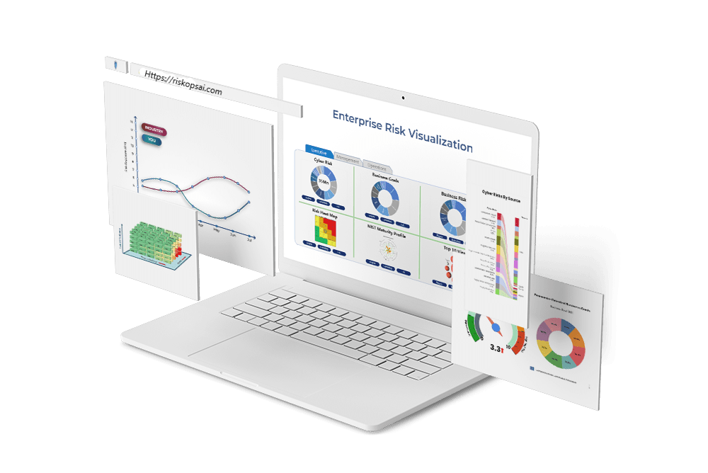 Laptop with floating dashboards of different risk analysis and visualization charts